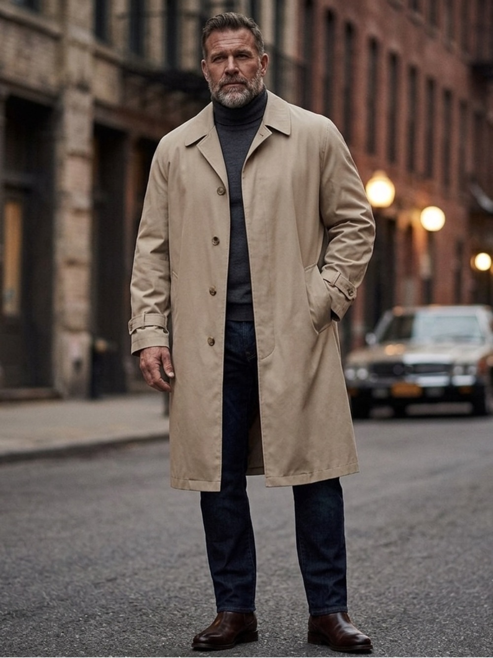 Vintage Towncraft Tan Single-Breasted Long Trench Coat, Men’s Size 44 Regular